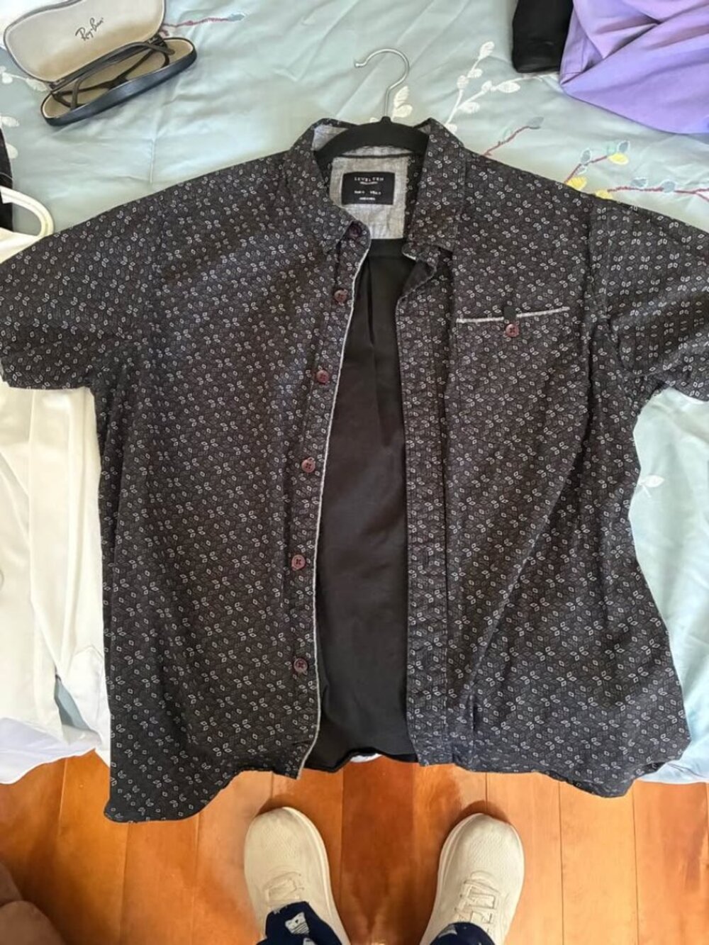 LEVEL TEN Men's Black Geometric Print Short Sleeve Button-Up Shirt Small